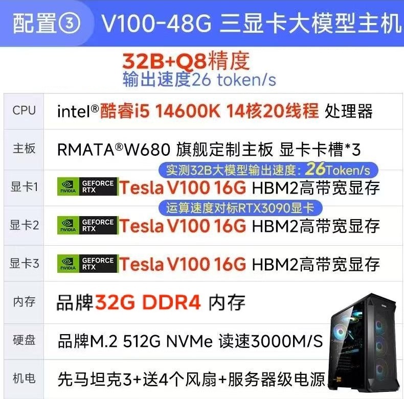 配置③ V100-48G 三显卡大型模型主机